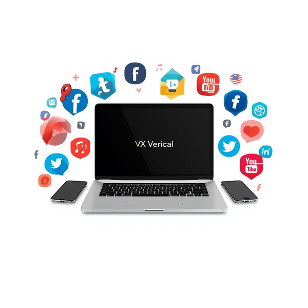 Laptop surrounded by social media engagement icons