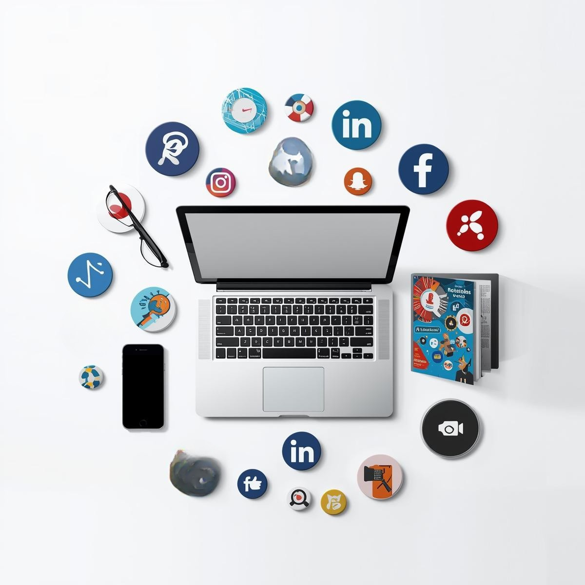 Multi-channel digital marketing tools arranged on a workspace