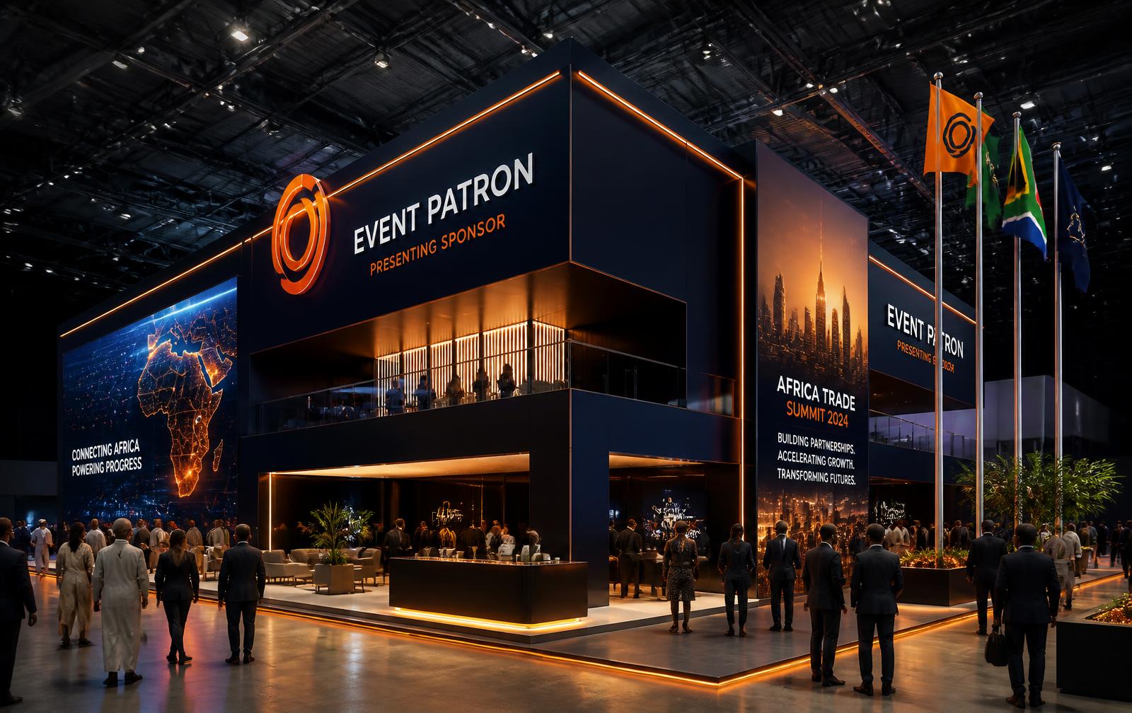 Double-footprint premium ATIGS pavilion with flagpoles and LED walls