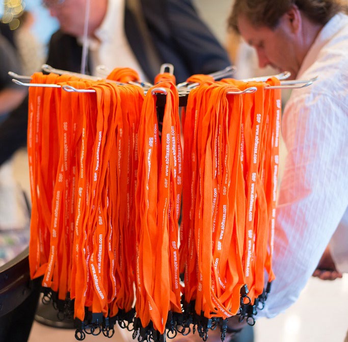 Delegate lanyards at the registration desk