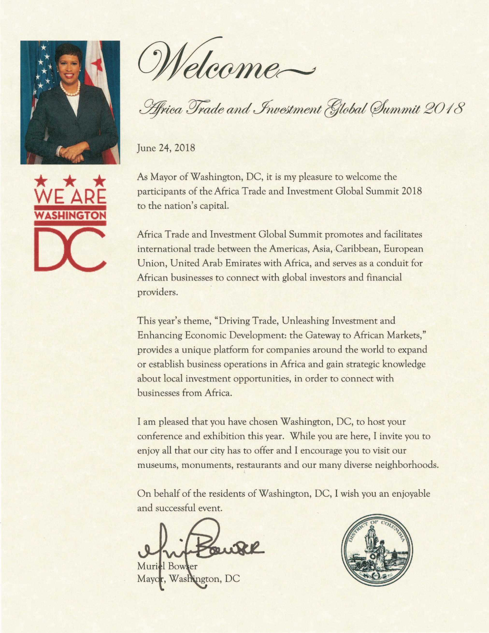 Welcome letter from Muriel Bowser, Mayor of Washington DC, to ATIGS delegates