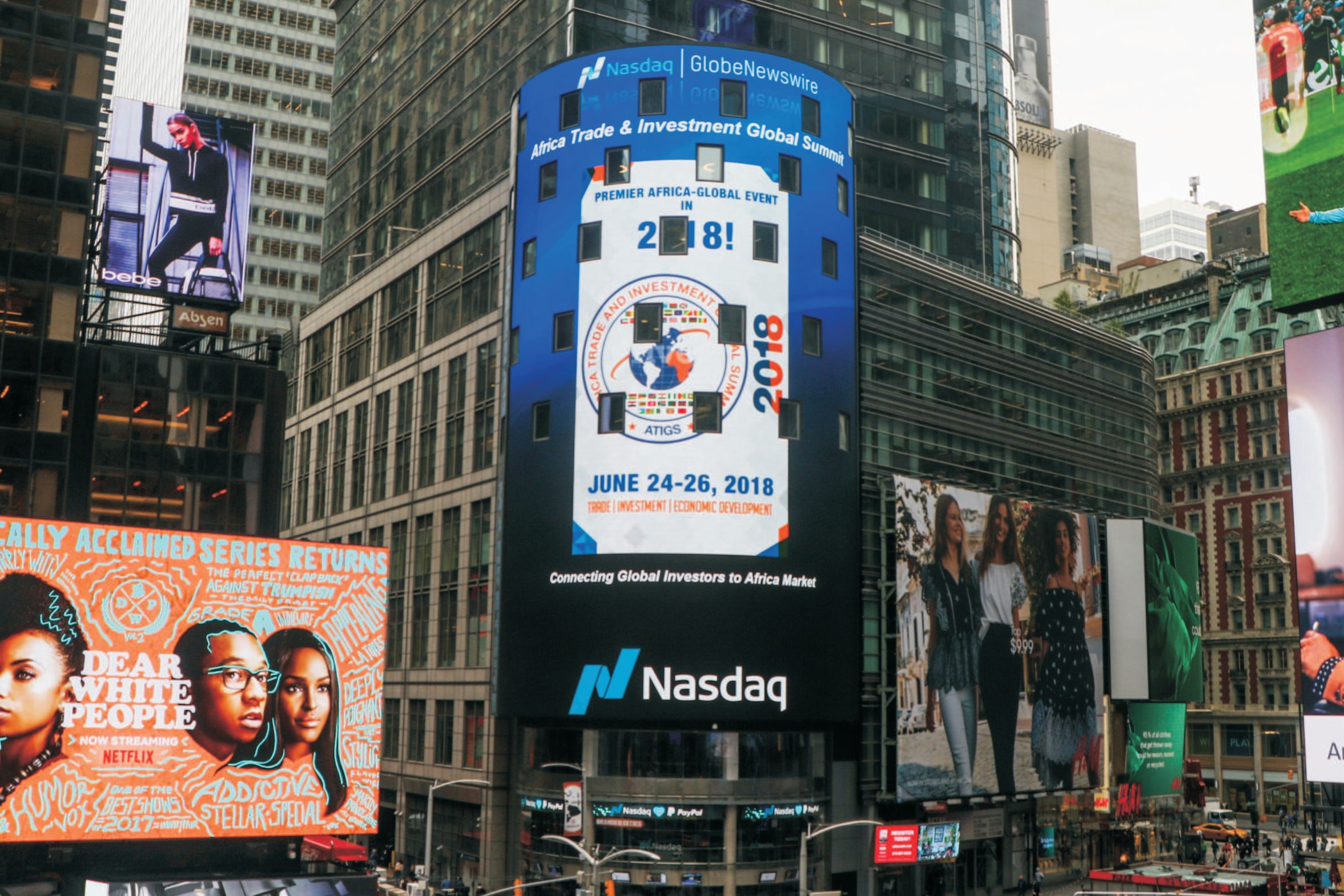 ATIGS displayed on the Nasdaq Tower in Times Square, New York